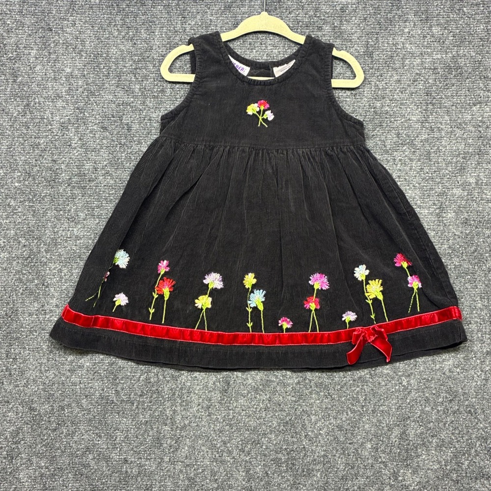 Vintage Blueberi Boulevard Black Corduroy Embroidered Floral Dress 24M Holiday